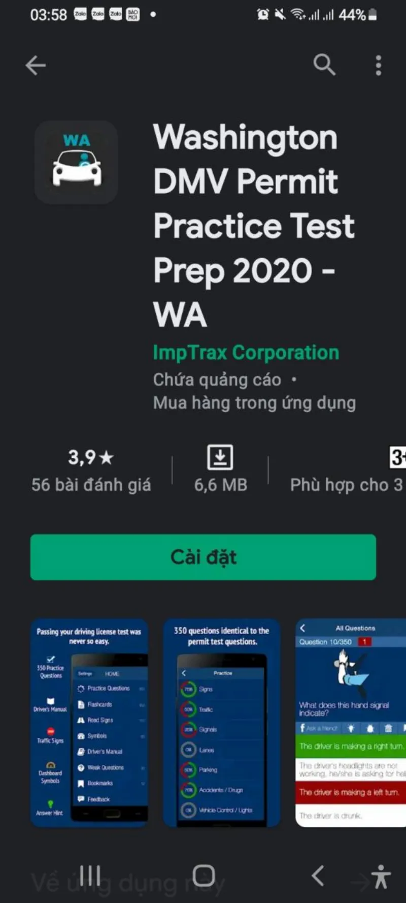 App Washington DMV Permit Practice dùng để luyện thi lý thuyết lái xe ở Mỹ