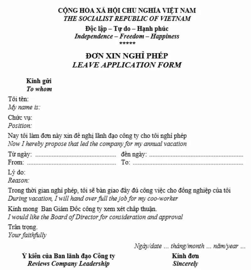 Đơn xin nghỉ phép song ngữ
