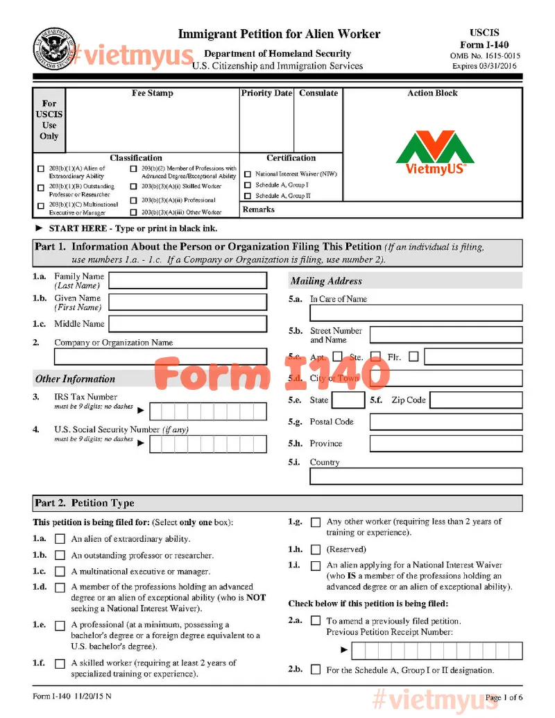 Form I140 - Đơn xin thị thực định cư cho lao động nước ngoài tại Mỹ