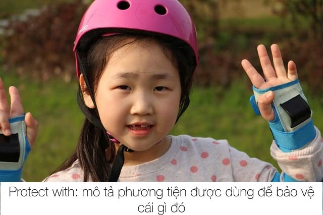 “Protect with” mô tả phương tiện được dùng để bảo vệ cái gì đó
